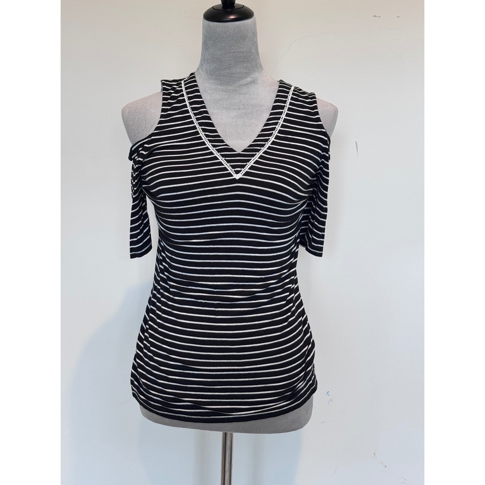 White House Black Market Womens Black White Striped Cold Shoulder V-Neck Top S